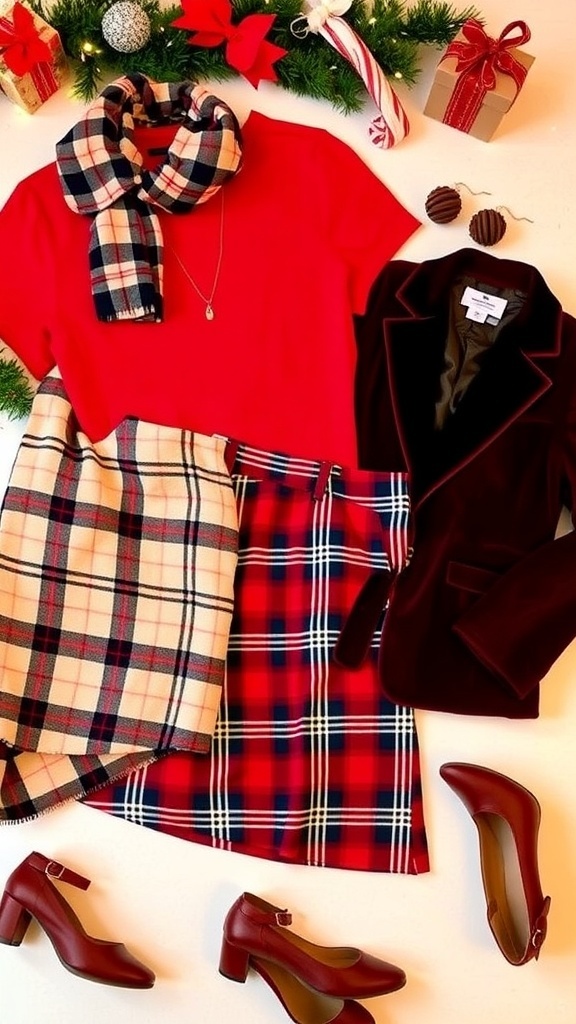 Flat lay of trendy Christmas outfits with festive accessories on a decorated table.